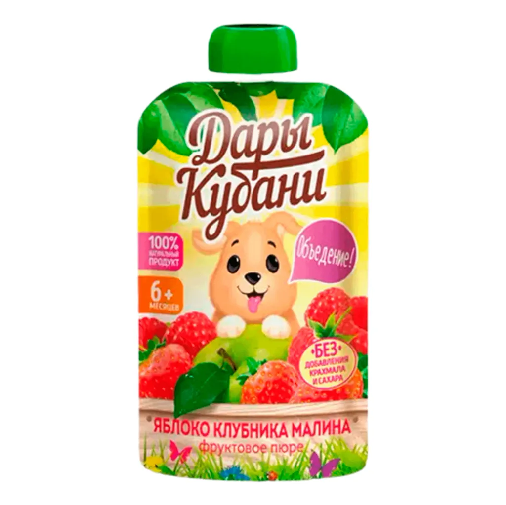 Пюре Дары Кубани фруктовое д/пак Яблоко клубника малина 90г