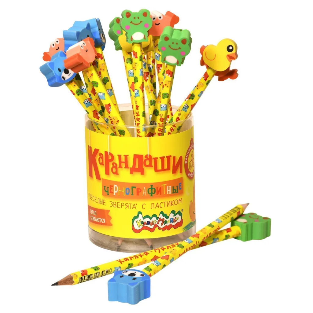 Карандаш чернографитный НВ шестигранный с ластиком Каляка-Маляка 24