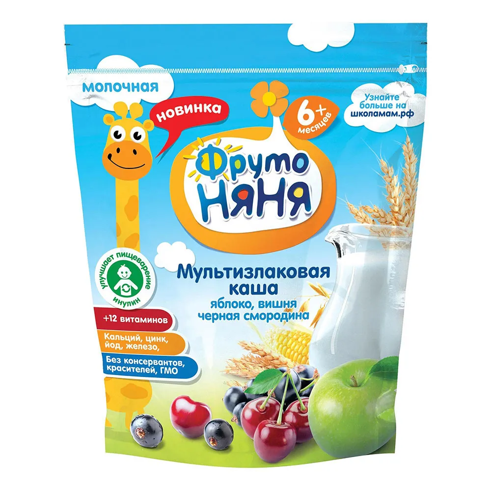 Каша ФрутоНяня мол Мультизлак яблоко, черн. смородина, вишня 200г