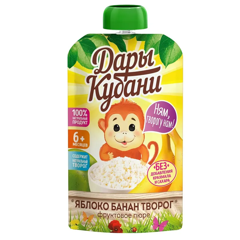 Пюре Дары Кубани фруктовое д/пак Яблоко банан с творогом 90г