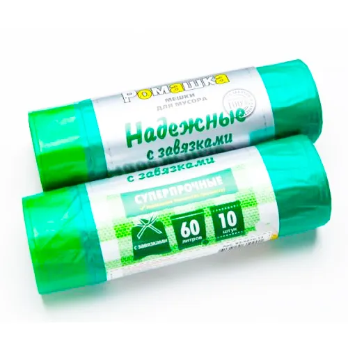 Мешки для мусора 60л 10шт 23мкм с завязками Ромашка Надежные салатовые 24