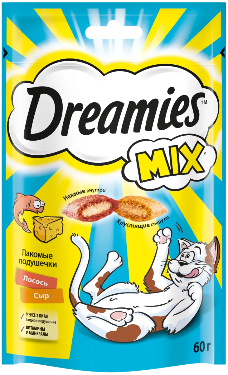 Лакомство Dreamies MIX для взрослых кошек, с лососем и сыром, 60г