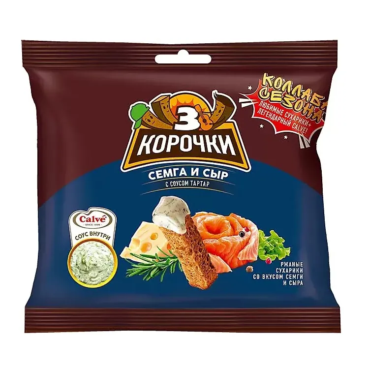 Сухарики Три Корочки ржаные Сыр-семга 60г+соус Тартар 20г
