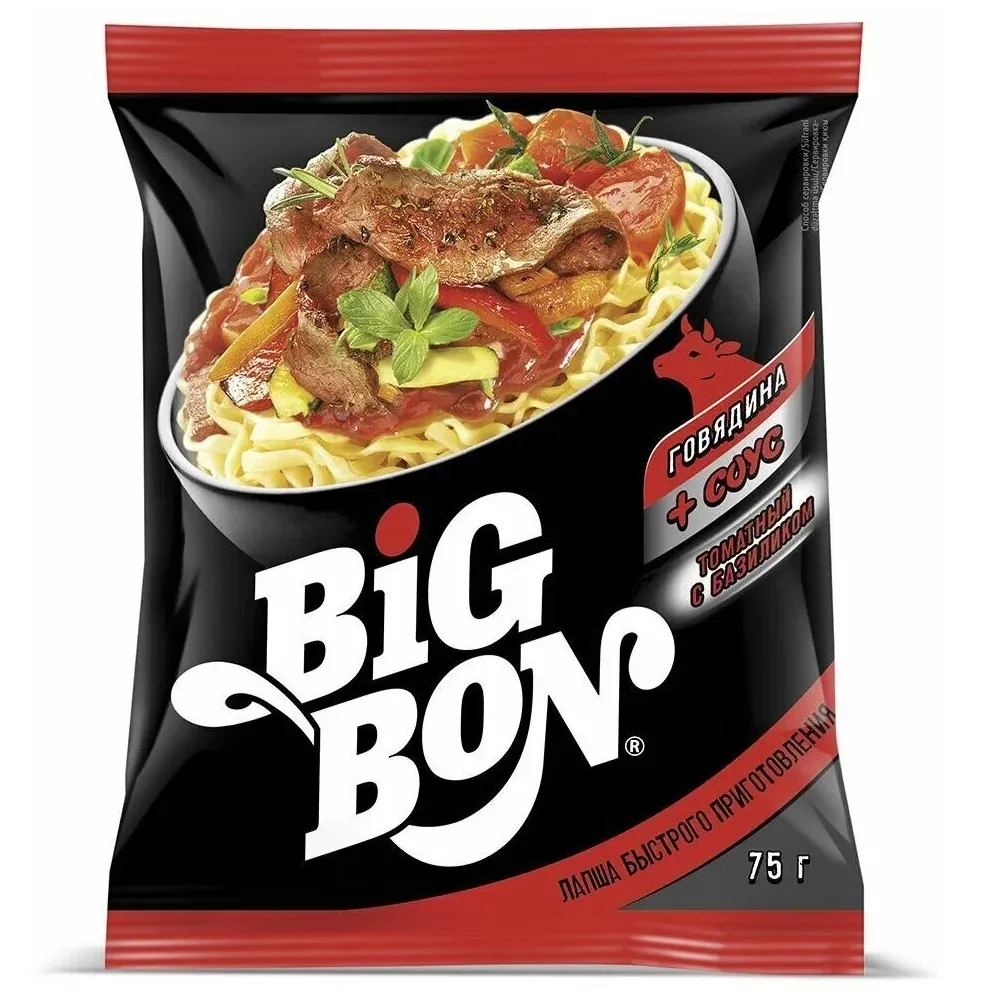 Лапша Big Bon говядина и соус томатный с базиликом 75г