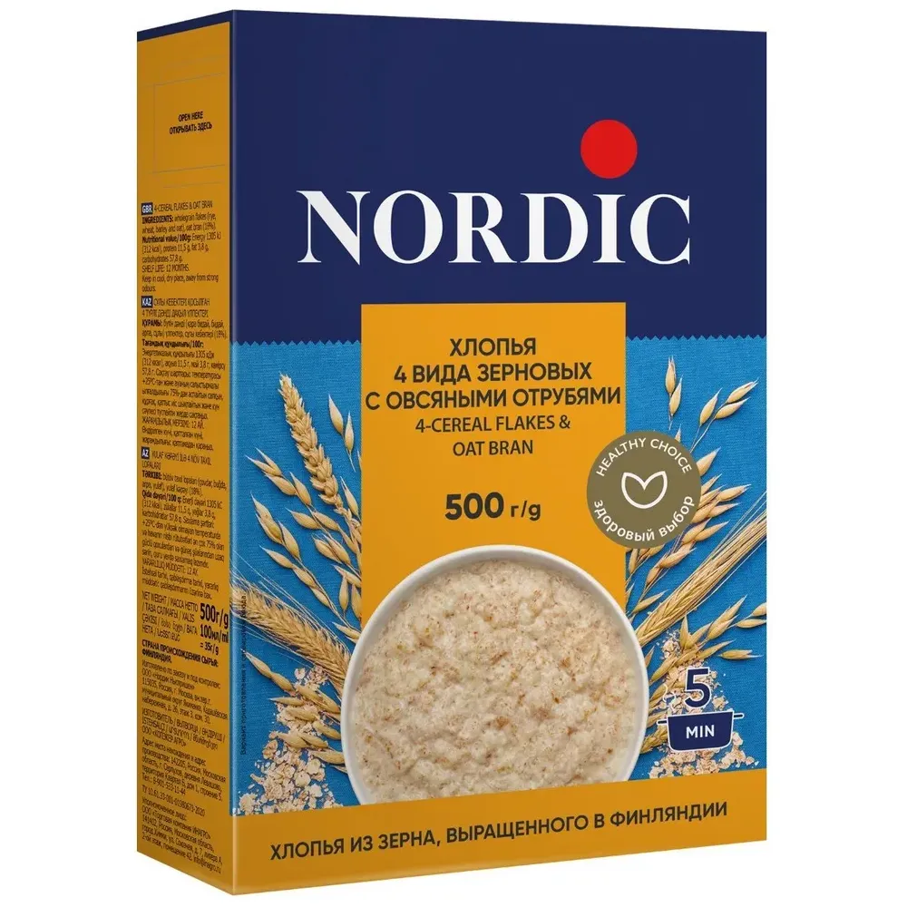 Хлопья Nordic 4 зерновых с овсян отруб 500г