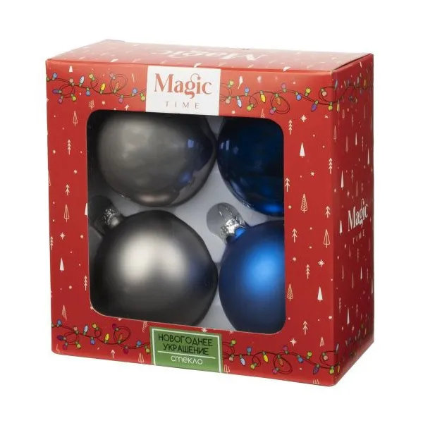 Набор ёлочных шаров 6см 4шт Синий с серебром стекло 48 6