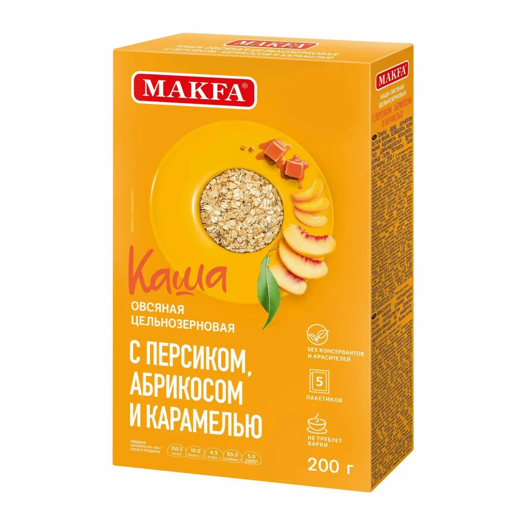Каша Makfa овсяная цельнозерновая на фруктозе с персиком и карамелью 200г