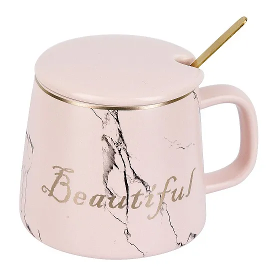 Кружка 400мл с крышкой и ложкой Beautiful розовый фарфор