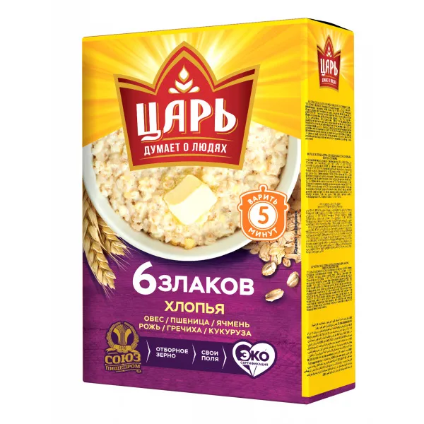 Хлопья Царь 6 злаков Без варки 400г