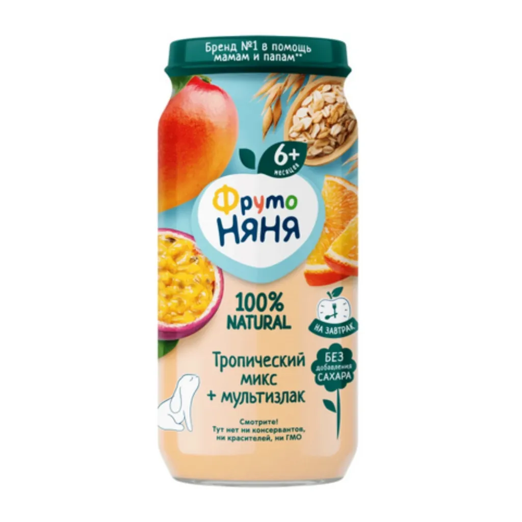 Пюре Фрутоняня ст/б Яблоко-банан-манго-апельсин-маракуйя со злаками 250г