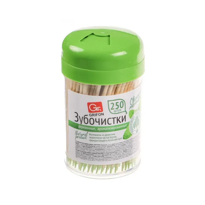 Зубочистки 250шт из дерева с ментолом пласт банка Grifon 20