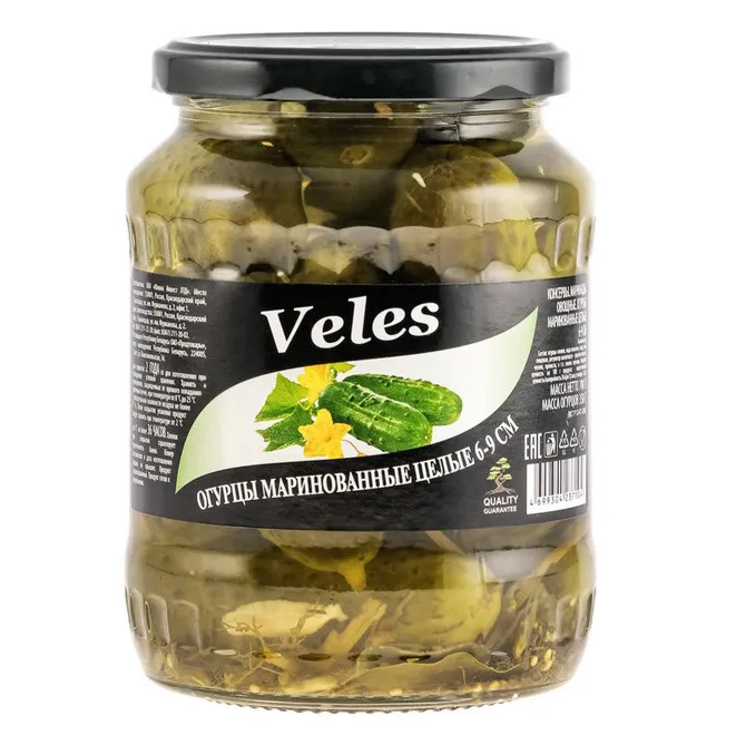 Огурцы Veles маринованные целые (6-9) ст/б 700г