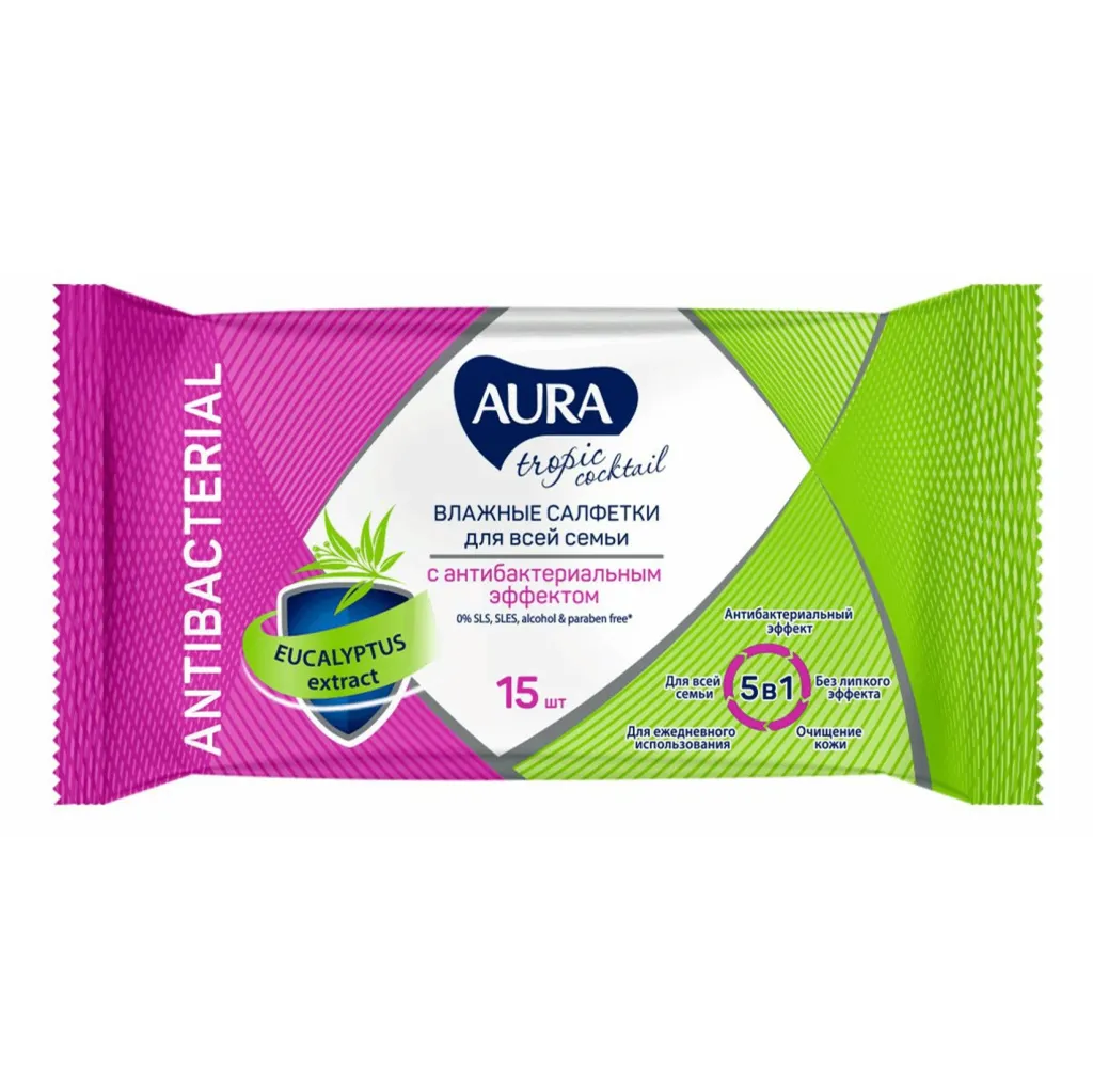 Салфетки влажные Aura Антибакт Тропики 15шт