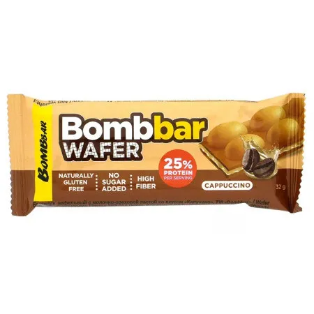 Батончик вафельный Bombbar с молоч орех пастой со вкусом Капучино 32г