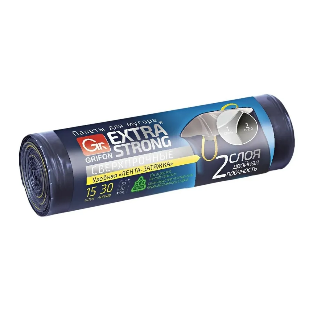 Мешки для мусора 30л 15шт с завязками 2-х слойные GRIFON
