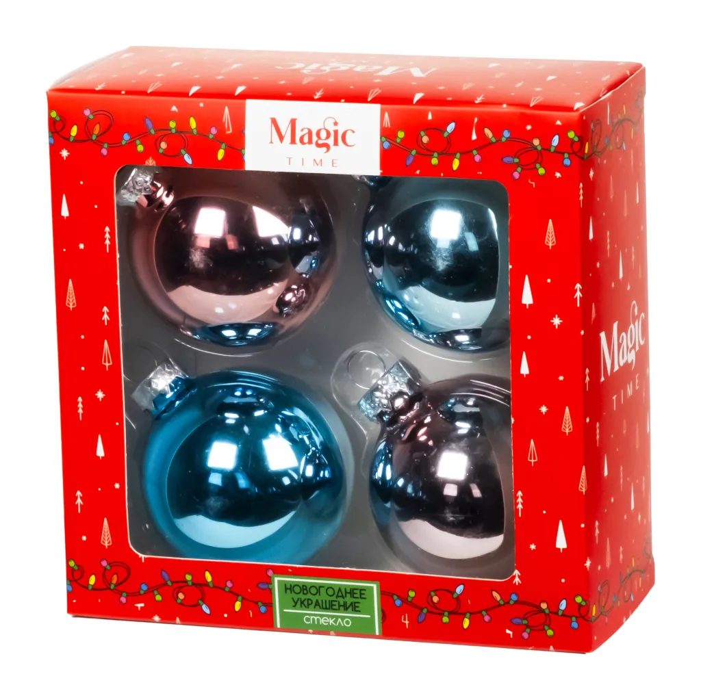 Набор ёлочных шаров 6см 4шт Розовый с голубым стекло 48 6