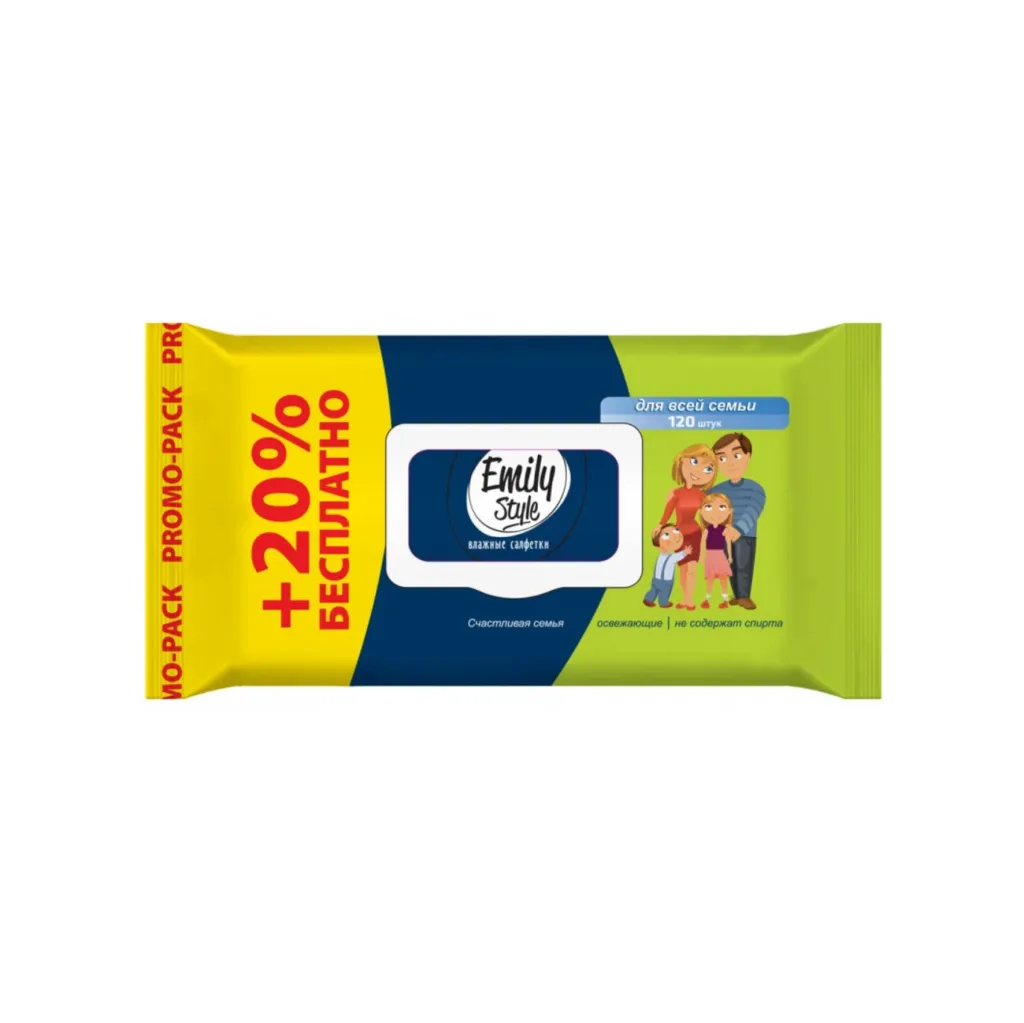Салфетки влажные Emily Style для всей семьи, с клапаном, 100+20 шт