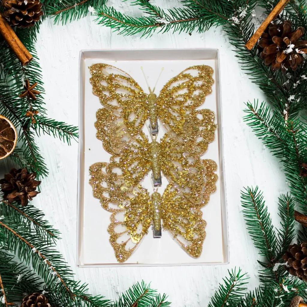 Набор украшений 12см 3шт Бабочка с зажимом золото DRL03312 Darlens 5