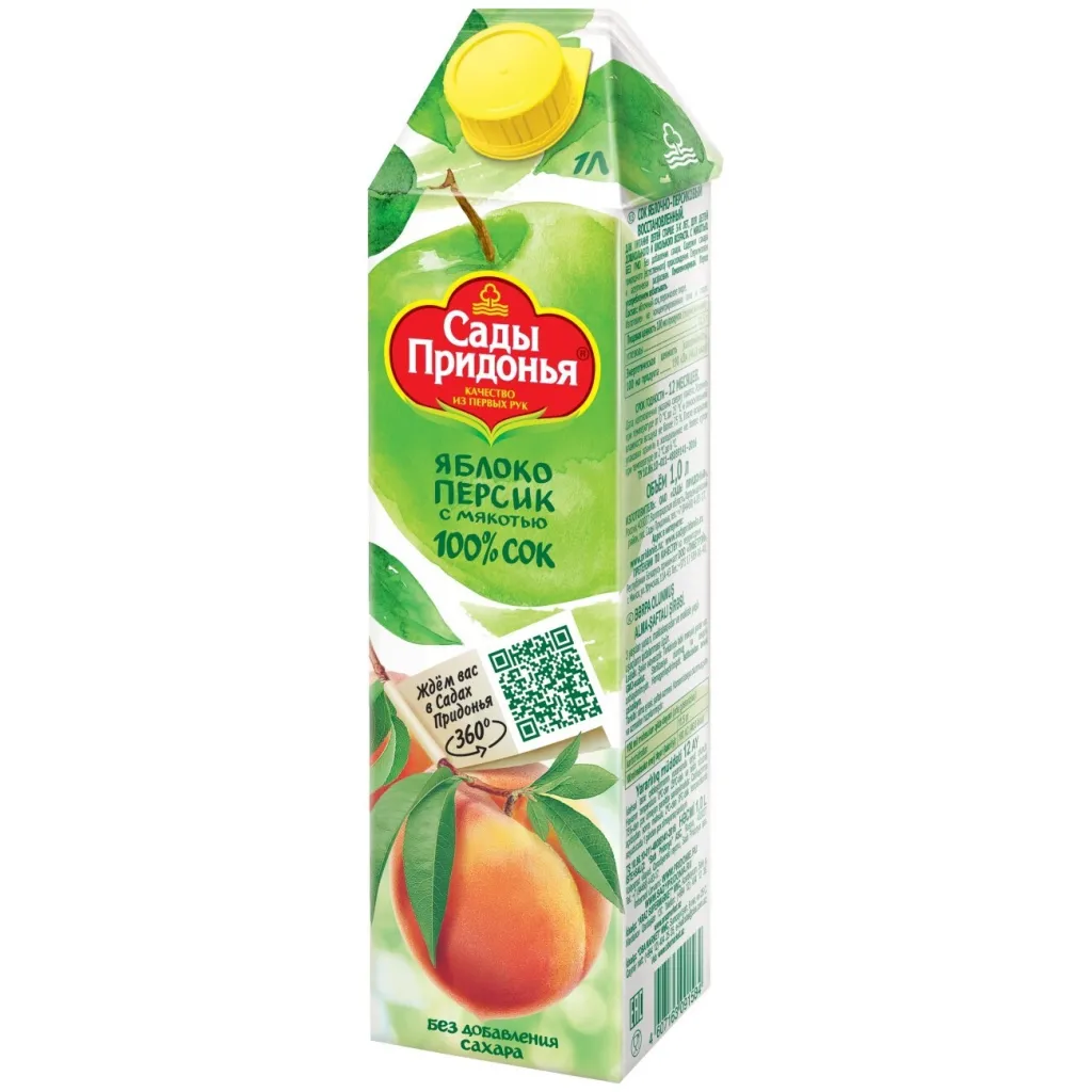 Сок Сады Придонья 1л яблоко персик с мякотью без сахара